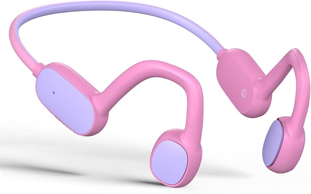 Kids Headphones, Bluetooth 5.2 Air Conduction Open Ear Headphones, 85dB Volume Limiting, Stereo Sound with Mic, IPX5 Waterproof, 20H Playtime, Perfect for School and Outdoor-Pink