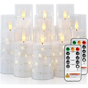 Raycare Flameless Candle with Remote Timer 9 Flickering Acrylic Battery Operated LED Pillar Candles with Embedded Star String for Valentine's Day, Home Decor, and as a Gift (White)