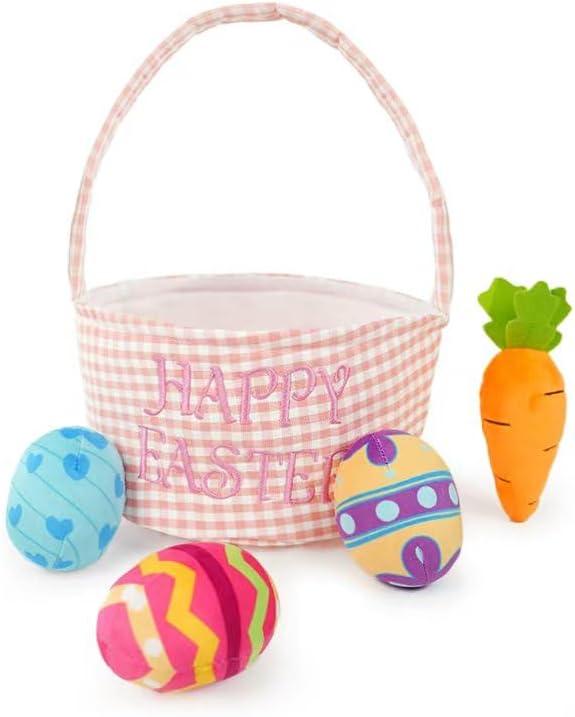 Easter Basket Gift Stuffed Baskets Toys,5 Pack Easter Egg Carrot Plush Toys,Baby Gift Baskets Egg Hunt Toy Easter Party for Baby Toddler Kids (Pink Basket)