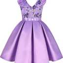 Knee-Length Girls Dress Sloping Shoulder Bridesmaid Wedding Princess Children's Bow Birthday Ball Party (7-8 Years, Lavender 1)