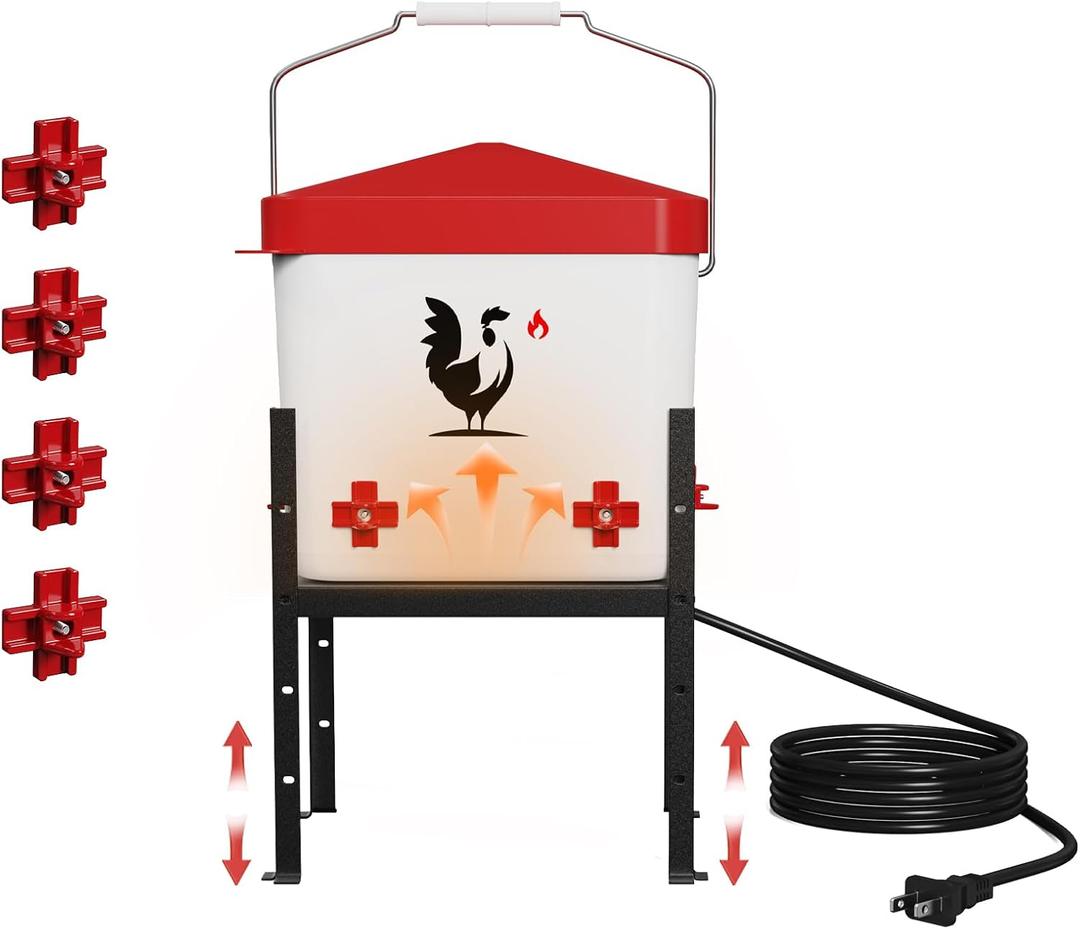Heated Chicken Waterer, 1.8 Gallon Chickens Poultry Waterer with Nipples, Height Adjustable & Detachable Stand, All-Season Chicken Coop Waterers, Chicken Water Heater (7L, Red Cover)