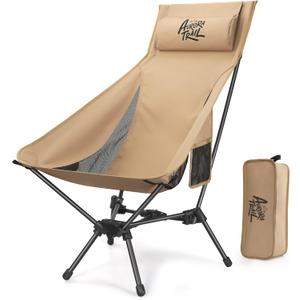 AuroraTrail High Back Folding Camping Chair with Pillow  Lightweight Portable Outdoor Chair with Cup Holder & Carry Bag, Sturdy Aluminum Frame Supports up to 374 lb for Camping, Hiking & Festivals (Khaki)
