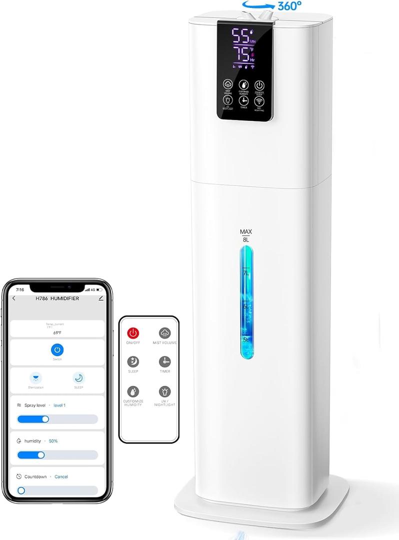 Smart Humidifiers for Bedroom Large Room,(8L) 2.1Gal Cool Mist Top Fill Diffuser Ambient Light, App & Remote Control, 3 Mist Modes, 12H Timer, 35dB Quiet Humidifier for Home Office Plant (White)