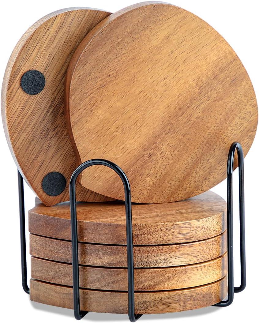 Peach-Shaped Acacia Wood Coaster Set with Holder Set of 6, Drink Coasters Rustic for Wooden Coffee Table Dining Table Decor