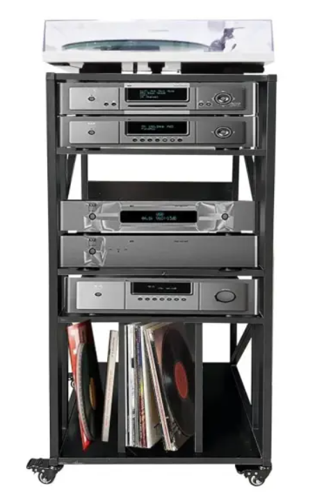SHZYJBRY 5 Tier Record Player Stand with Vinyl Storage, av Media Stand, Stereo Audio Rack Tower with Wheels, Entertainment Stereo Components (Black-Grill, 43in × 15.7in × 19.7in)