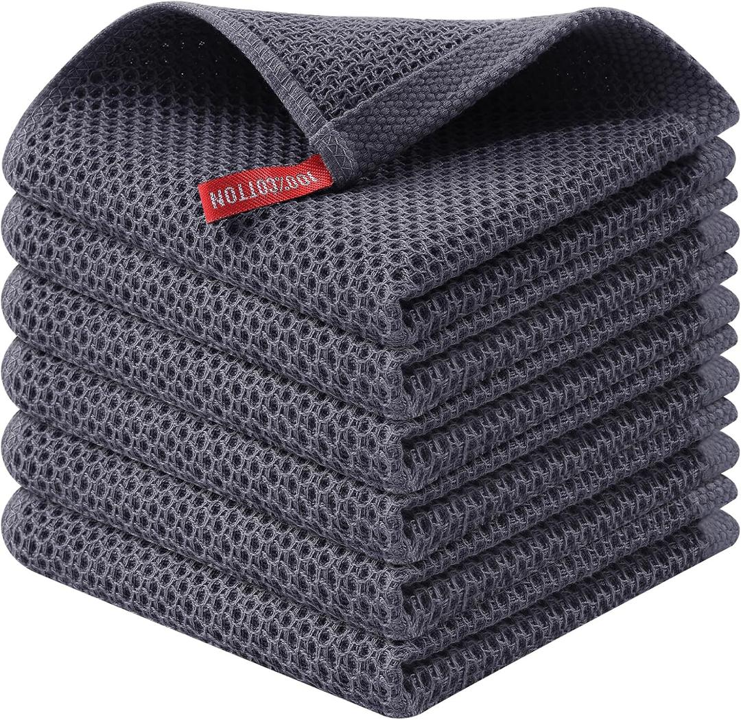 Kitinjoy 100% Cotton Kitchen Dish Cloths (12 X 12 Inches, Dark Grey), 6 Pack Waffle Weave Ultra Soft Absorbent Dish Towels for Drying Dishes Quick Drying Kitchen Towels Dish Rags