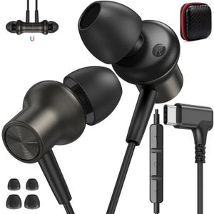 USB C Headphones Wired for iPad mini 7 6/iPhone 17 Pro Max Air 16 15 Plus, 90 Right Angle Type C Earphones with Mic Stereo Magnet Wired Earbud for Samsung S26 S25 S24 Ultra S23/Pixel 10 9, Gunmetal