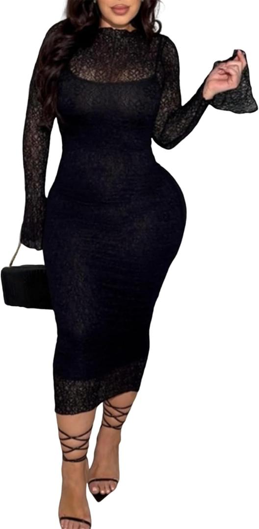 Uni Clau Women's 2 Piece Lace Dress Set Elegant Bodycon Midi Dress for Wedding Guest Cocktail Party, Black, XL