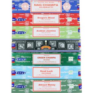 Satya Incense Sticks Gift Set, 7 Scents, Nag Champa, Dragon's Blood, Arabian Jasmine, Super Hit, Green Champa, Goodluck, Attract Money, 15g Each (Relaxation Mix)