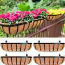 LaLaGreen Railing Planter Box (24 Inch, 4 Pack) Black Metal Rectangular Hanging Planters with Coco Liner, Flower Boxes Brackets for Deck Railings Outdoor Plants Over Rail Fence Balcony Patio Porch