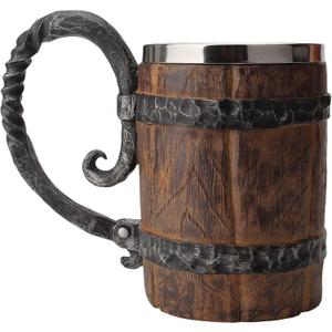 Wooden Barrel Beer Mug, Wood Bucket Style Beer Stein with Handle, Stainless Steel Double Wall Tankard Cocktail Mug for Bar Restaurant, Vintage Restaurant Renaissance Accessories (18 oz)