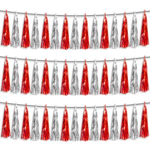 3P Red Silver Foil Fringe Metallic Tassel Streamers Banner Tassel Garland for Parade Floats, Bachelorette, Wedding, Birthday, Halloween, Christmas, Bridal/Baby Shower Party Decorations