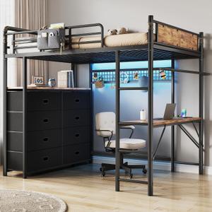 Twin Loft Bed with Desk and 8 Storage Drawers, Metal Loft Bed Twin Size with LED Lights & Charging Station, Bed Frame with Hanging Rod, Safety Guardrail & Ladder, for Kids & Teens (Rustic Brown), 77.4"L x 41.7"W x 67.7"H