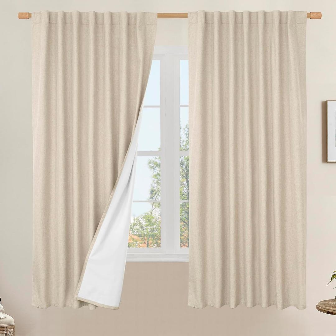 LAMIT 100% Blackout Linen Curtains 63 Inches Long, Flax Textured Living Room Farmhouse Curtains Full Room Darkening Back Tab and Rod Pocket Panels with White Liner, 2 Panels, Linen, 60 x 63 Inch