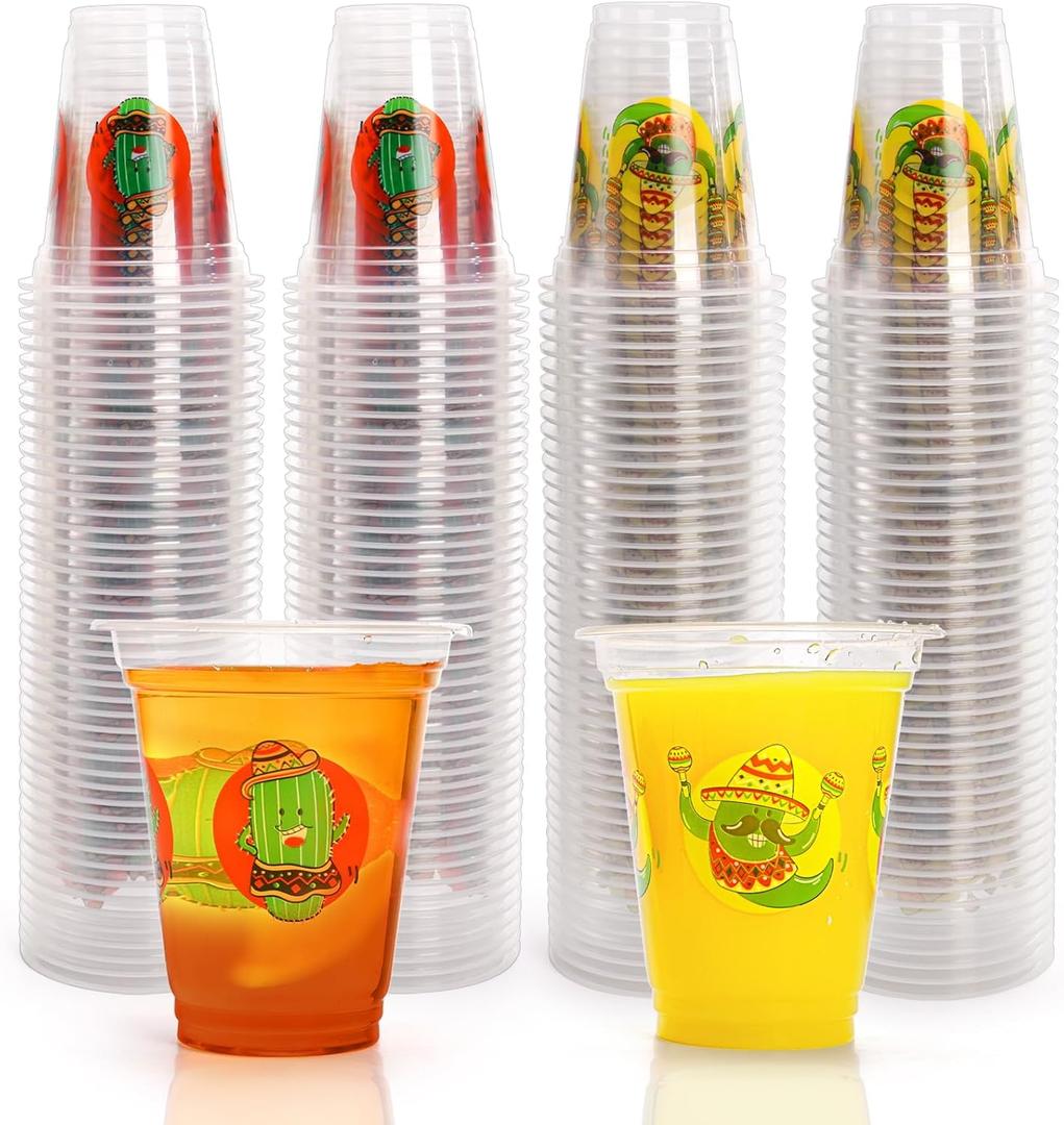 Frcctre 200 Pack Mexican Party Cups, 12 oz Cinco De Mayo Disposable Clear Plastic Cups Mexican Theme Party Decor Supplies for Taco Party Birthday Halloween Day of the Dead, 2 Styles
