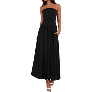 BTFBM Summer Maxi Dresses for Women 2026 Strapless Ruched Tube Top Beach Vacation Spring Wedding Guest Dress Pockets, Small