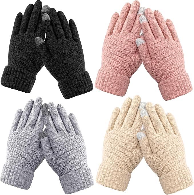 5 Pairs Kids Winter Touchscreen Gloves Fleece Lined Texting Warm Gloves Elastic Cuff Knitted Anti Slip Gloves for Girls