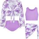 GRACE KARIN Girls Bathing Suit Adjustable Taniki Swimsuit Tie Front 4 Piece Bikini Set with Kimono Cover Up  (8-10 Years, Light Pink New)