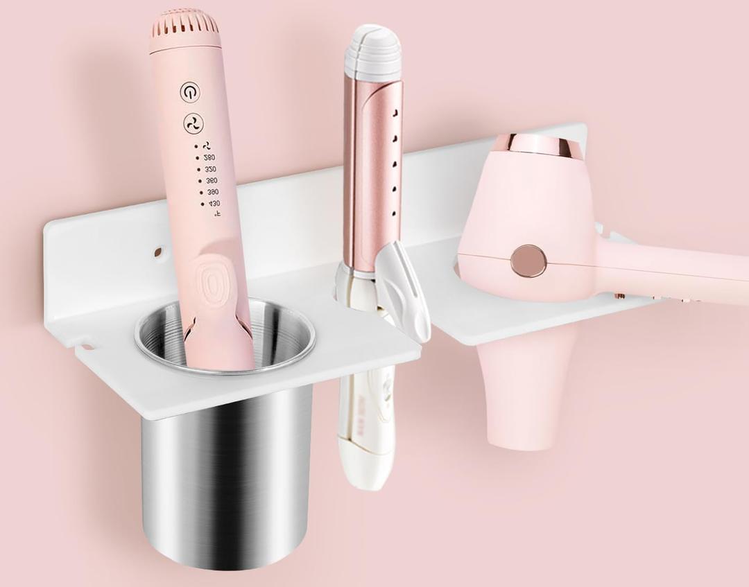 Hair Dryer Holder Wall Mount, Hair Tool Organizer with Heat-Resistant Steel Cups, Acrylic Blow Dryer Holder, Adhesive or Screw Mount for Bathroom Storage (White Shelf)