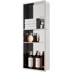 QAOYEDE Shower Niche Insert No Tile Needed, 30"x12" Stainless Steel Niche for Shower Wall, Recessed Showers Shelf for Bathroom Storage 2 Layer,Brushed Nickel