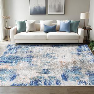 Merelax 4x6 Washable Area Rug for Living Room, Blue Boho Abstract Bedroom Area Rugs, Non Slip Entryway Rug, Low Pile Carpet for Kitchen Dining Room Study Office Kids Room