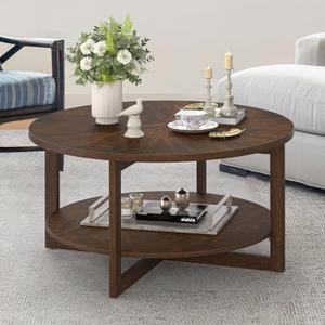 Round Coffee Table, 35" Rustic Modern Circle Coffee Tables with 2-Tier Storage Shelf, Wood Coffee Table for Living Room, Dark Walnut