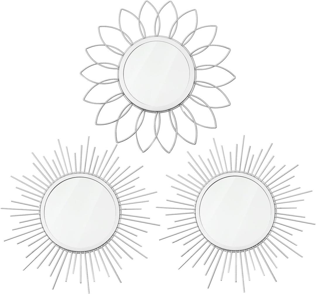 3 Pack Metal Mirrors for Wall Sunburst Wall Mirrors Home Dcor Decorative Hanging Wall Art for Living Room Bedroom Entryway (Silver, Flower+Sunburst)