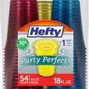 Hefty Party Perfect Tinted Disposable Plastic Cups, Red, Blue, and Yellow Plastic Cups, Perfect Party Cups for Easy Cleanup and Large Gatherings, 18 Ounce, 54 Count