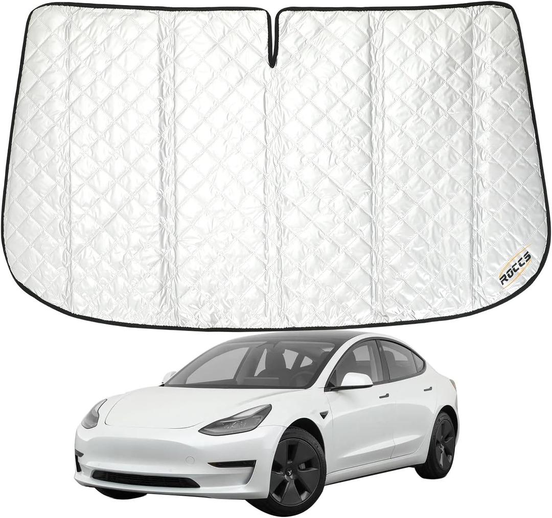ROCCS Thickest Windshield Sun Shade fit for 2016-2025 Tesla Model 3, Diamond Foldable Front Window Sunshade Sun Visor Protector Blocks UV Rays Keep Your Car Cooler