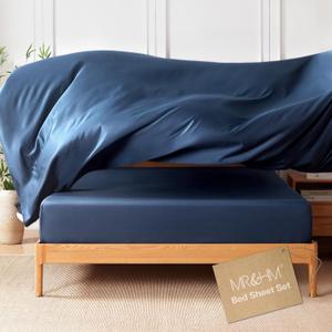MR&HM King Size Sheets Set, 4-Piece Cooling Sheets, Rayon Derived from Bamboo & Polyester Blend, Soft & Silky, 15" Deep Pockets with Elastic Straps, Hotel Luxury for Hot Sleepers, Navy Blue