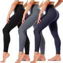 3 Packs Yoga Leggings with Pockets for Women, Soft High Waisted Tummy Control Workout Pants, Size Large, Black/Grey/Navy Blue