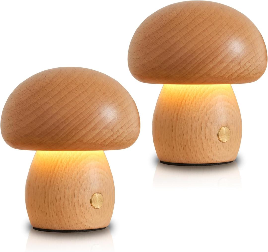 2 Pack Wooden Mushroom Lamp, Portable Cordless Small Rechargeable Battery Operated Lamp,Stepless Dimming, Night Light for Birthday Gifts