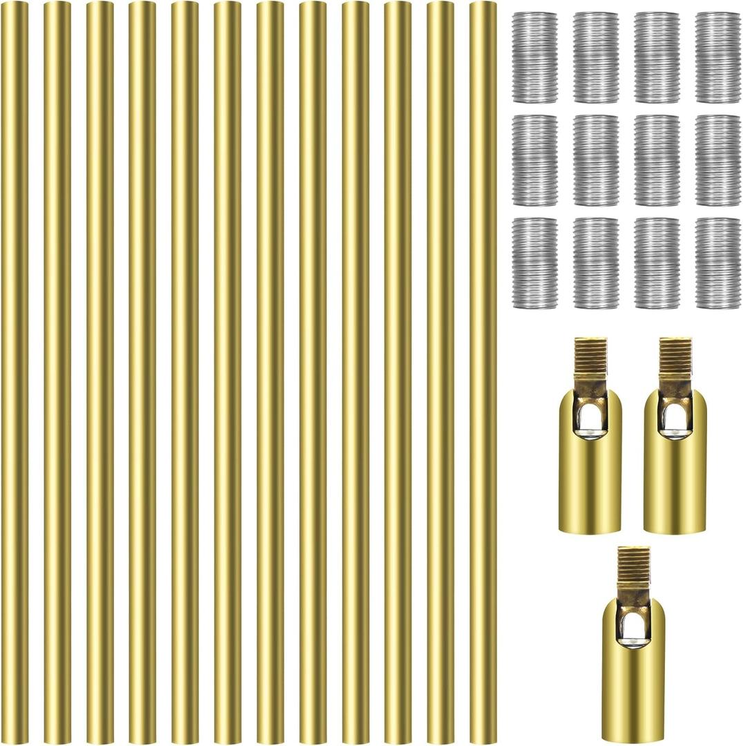 Antrader M10 Threaded Extension Rod 12pcs Lighting Fixture Stems with 3pcs 180 Degree Sloped Ceiling Adapters for Light Fixture Parts Replacement 12-inch Length Gold Color