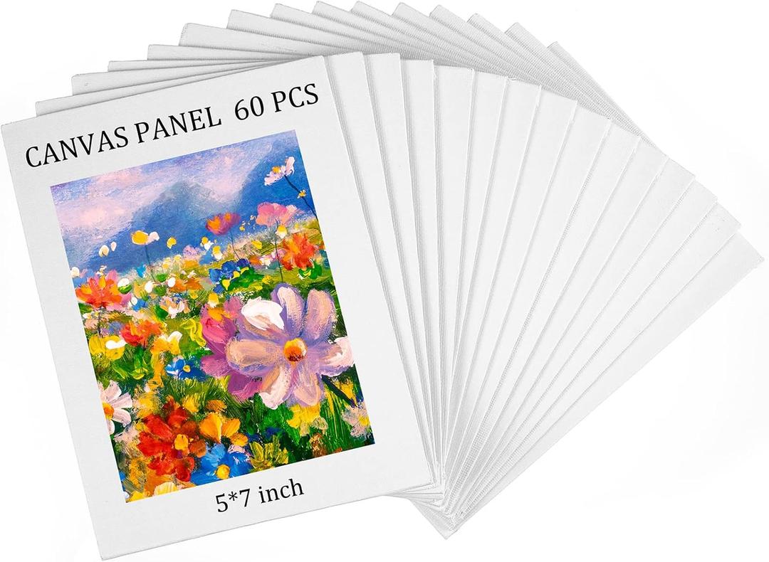 60 Pcs Canvases for Painting 5 x 7 Inch Stretched White Blank Cotton Canvas Panel Boards Bulk Flat Canvas Boards for Acrylic Oil Tempera Metallic Neon Painting Crafts