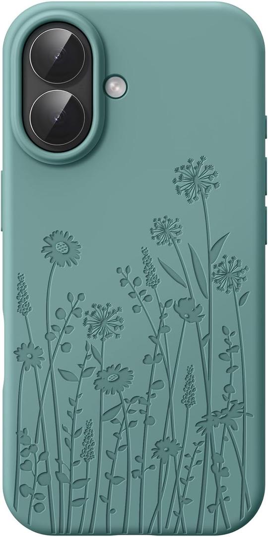 Liquid Silicone Case for iPhone 17 Compatible with MagSafe, Fall Engraved Floral Design Shock Proof Heavy-Duty Protection Hard Phone Case for Women Girls, Midnight Green