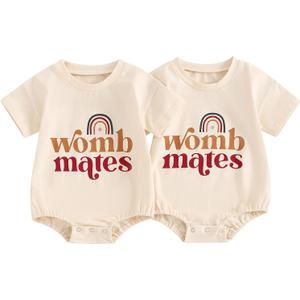 YOKJZJD Newborn Baby Girl Boy Twins Matching Outfits Womb Mates Short Sleeve Bubble Romper Bodysuit Summer Coming Home Outfit (Beige, 3-6 Months)