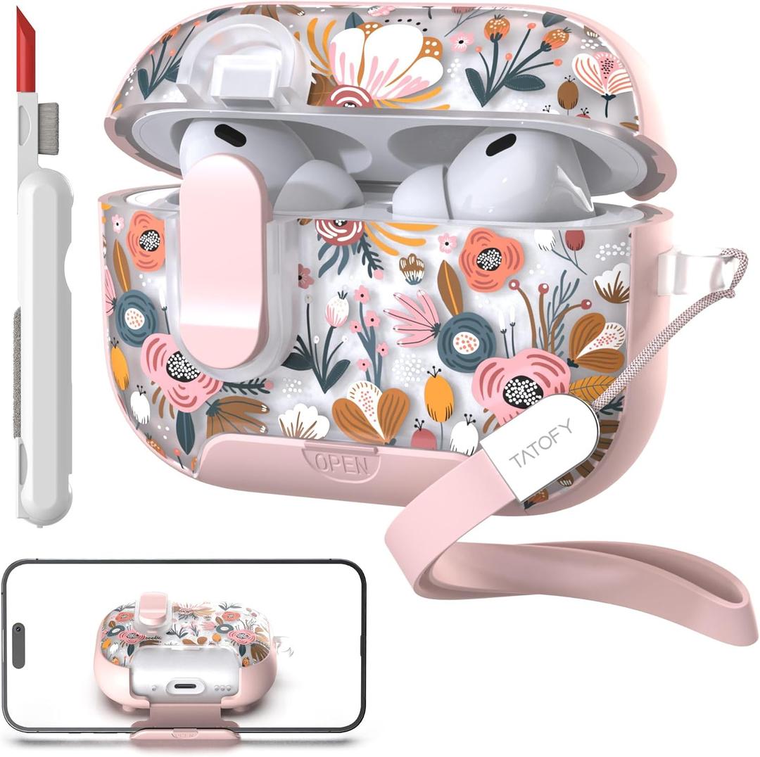 TATOFY for AirPod Pro 3 Case (2025) with Phone Stand Lanyard Lock Cleaning Kit, Compatible with Magsafe Flowers Hard AirPods Pro 3rd Generation Cover for Women (Pink, AirPods Pro 3)