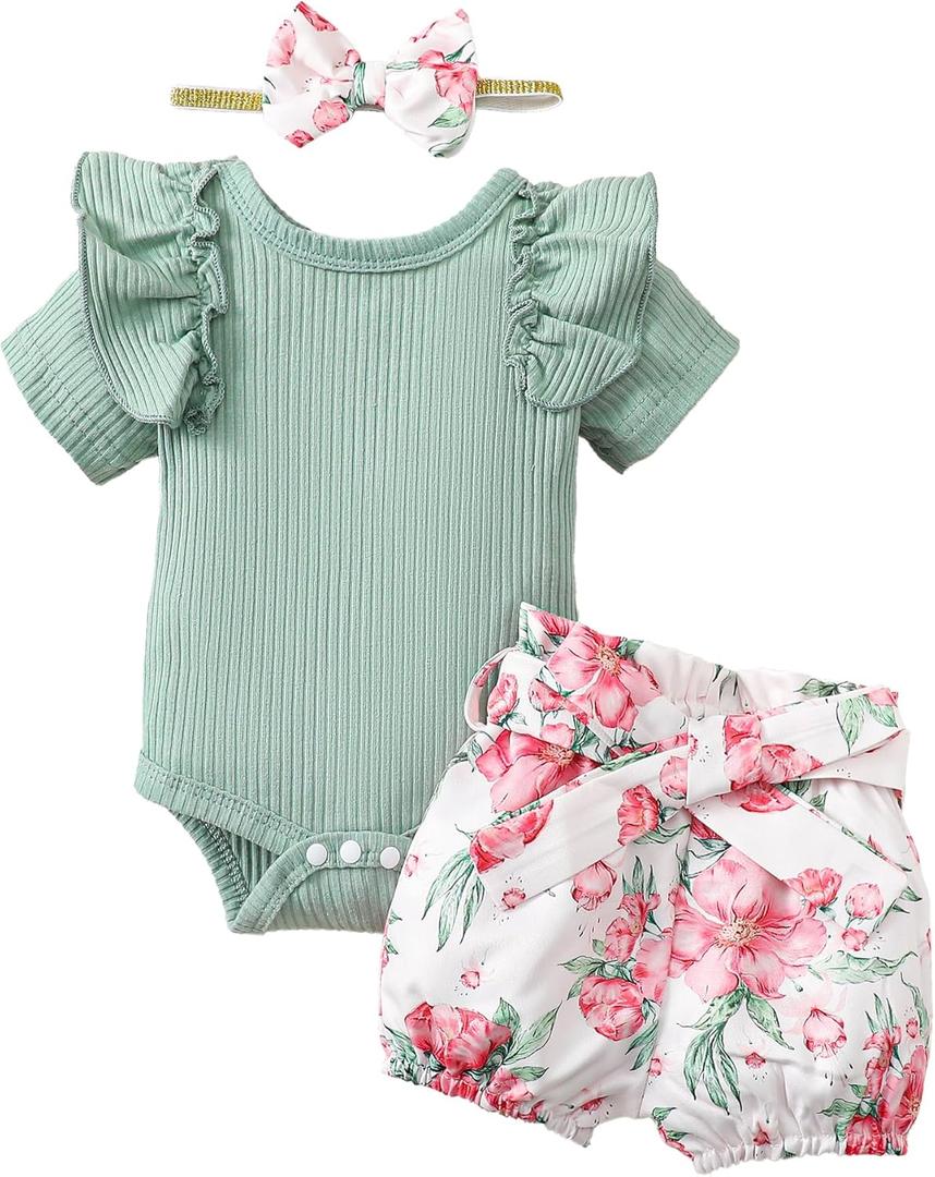 Newborn Baby Girl Summer Clothes Infant Girl Outfit Ruffle Romper Short Set Cute Baby Clothes for Girl (6-12 Months)