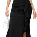 Missufe Women's Cap Sleeve Round Neck Ruffle Split Bodycon Mermaid Evening Gown Cocktail Formal Maxi Dress (Large)