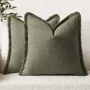 MIULEE Decorative Throw Pillow Covers Neutral Linen Fringe Throw Pillows Set of 2 Olive Green Boho Farmhouse Cushion Covers with Tassels for Couch Sofa Bed Living Room Spring Home Decor 18x18 Inch
