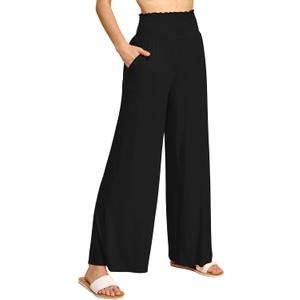 Made By Johnny Women's Elastic High Waisted Palazzo Pants Casual Wide Leg Long Lounge Pant Trousers with Pocket (3X-Large, Wb2389_black)