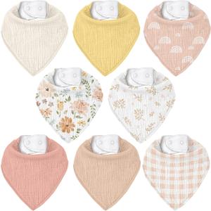 Muslin Baby Bibs 8 Pack, Baby Bandana Drool Bib for Drooling and Teething, Cotton Soft Absorbent for Girls Boys (Pinkish-orange Floral)