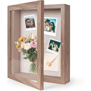 HOUSE DAY 11x14 Shadow Box Frame, Front Open Magnetic Shadow Boxes Display Cases with Linen Back, Pins, for Photos or 3D Itmes Under 9x12, Tabletop or Wall Mount Display Case for Memorabilia, Walnut