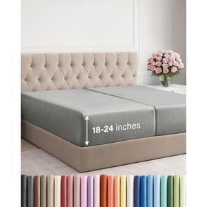Extra Deep Split King Fitted Sheet - Hotel Luxury Single Fitted Sheet Only - Easily Fits 18 to 24 inch Mattress - Ultra Soft, Wrinkle Free w/Extra Deep Pockets - Breathable & Comfy - Heathered Grey