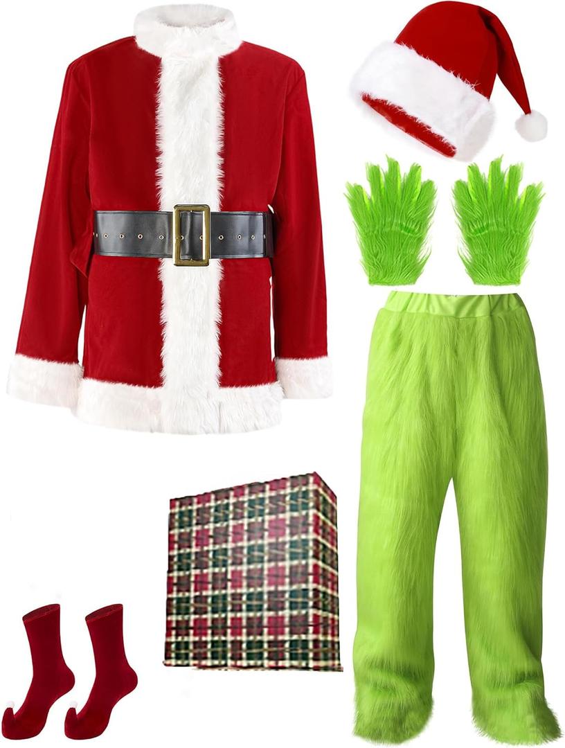 Santa Costume Adult.Christmas Costume 7pcs Suit With Green Monster Mask and Red Hat.Christmas Gift Box Packaging