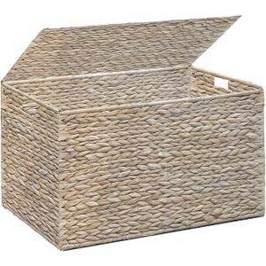 Water Hyacinth Storage Basket with Lid, 42.3 Gallon (160L) Wicker Storage Trunk with Handles, Handwoven Wicker Storage Basket for Blanket, Foldable, for Living Room, Laundry Room, White