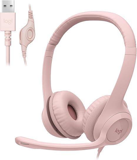 Logitech H390 Wired Headset for PC/Laptop, Stereo Headphones with Noise Cancelling Microphone, USBA, inLine Controls, Works with Chromebook  Rose