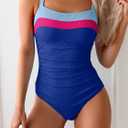 Aidonger Women's Ribbed One Piece Swimsuits Color Block Tummy Control Bathing Suit Slimming 1 Piece Swimwear (Blue, S)