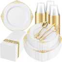 Hioasis 350PCS White and Gold Plastic Plates & Gold Plastic Silverware&Disposable Dinnerware Set - Include 50Dinner Plates, 50Dessert Plates, 50Forks, 50Spoons, 50Knives, 50Cups, 50Napkins for Party.