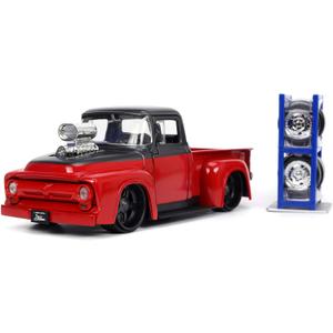 Jada Toys Just Trucks 1:24 1956 Ford F-100 Pickup Truck Red/Dark Gray with Tire Rack Jada Toys Just Trucks 1:24 1956 Ford F-100 Pickup Truck Red/Dark Gray with Tire Rack